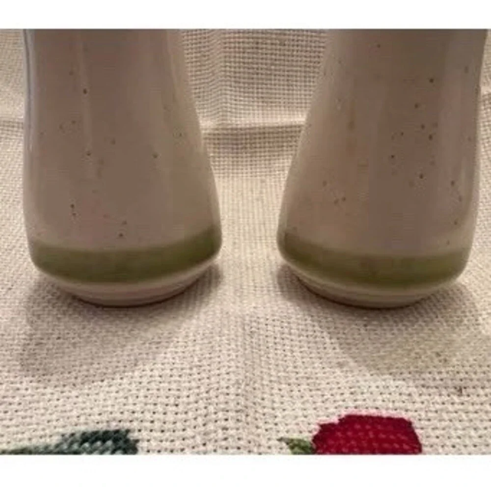 Vintage Stonybrook Salt & Pepper Shakers Set White Speckled Green Band